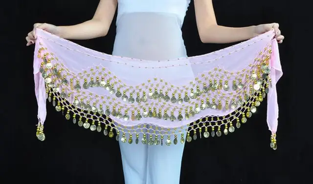 1 piece 3 Rows 128 Gold Coins Belly Dance Costume Hip Scarf Skirt Belt Wrap Waist New Brand pink