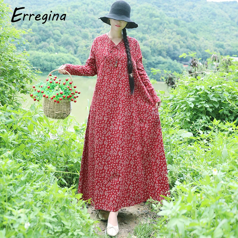 

Erregina Vintage Linen Plus Size Dress Women Maxi Floral Dress Long Sleeves Pockets V-neck Cotton Loose Robe Dresses Vestidos