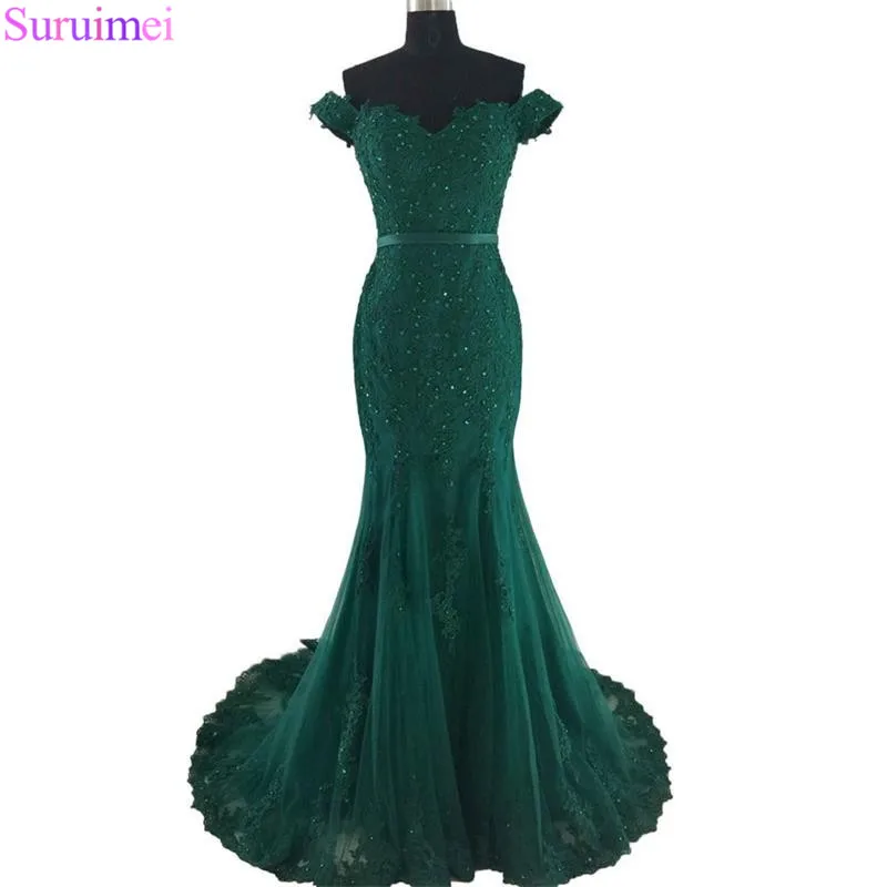 4 Off Shoulder Formal Evening Gowns 2018 Lace Appliques Beaded Mermaid Long Emerald Green Evening Gown Tulle Robe De Soiree vestido de noiva