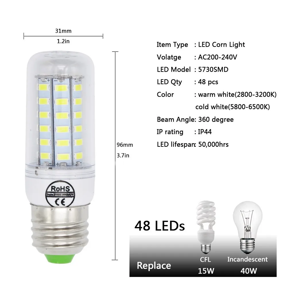 Светодиодный Светодиодная лампа-кукуруза E27 E14 Свеча светильник Bombillas 220V SMD 5730 домашняя декорационная лампа для Люстра-прожектор 12 24 36 48 56 69 светодиодный s