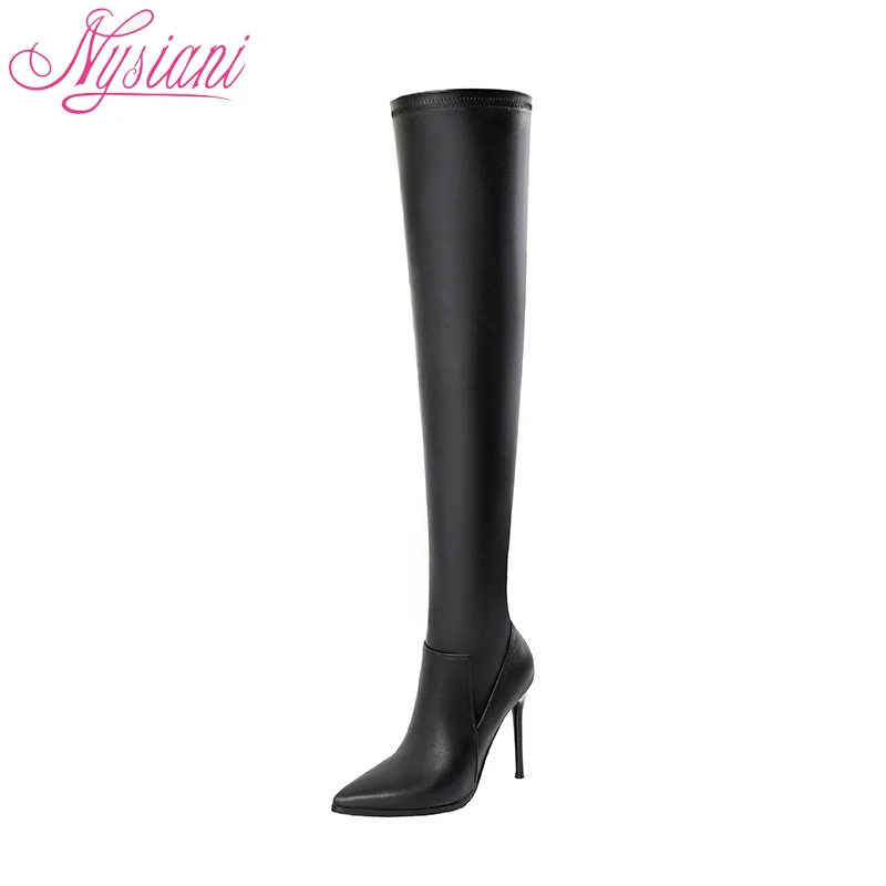 

2018 Pointed Toe Sexy High Heels Long Black Over The Knee Boots For Women Elastic Thin Legs Thigh High Stiletto Boots Nysiani
