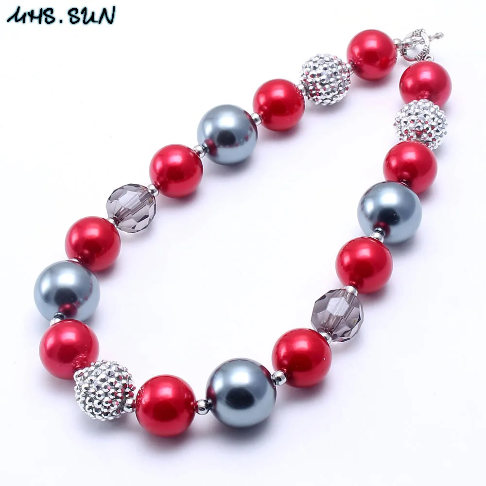 

MHS.SUN 2PCS Red+Grey Baby Beads Chunky Necklace Kids Girls Child Chunky Bubblegum Beaded Necklace Handmade Party Jewelry Gift