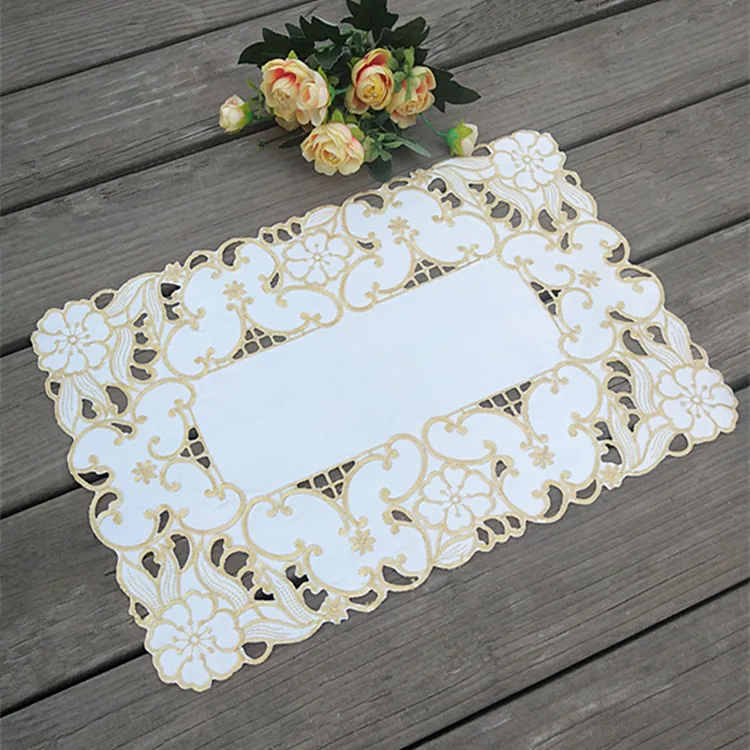

Europe luxury white satin drink coasters hollow flower placemat christmas table mat pads dining doilies napkins for wedding T096