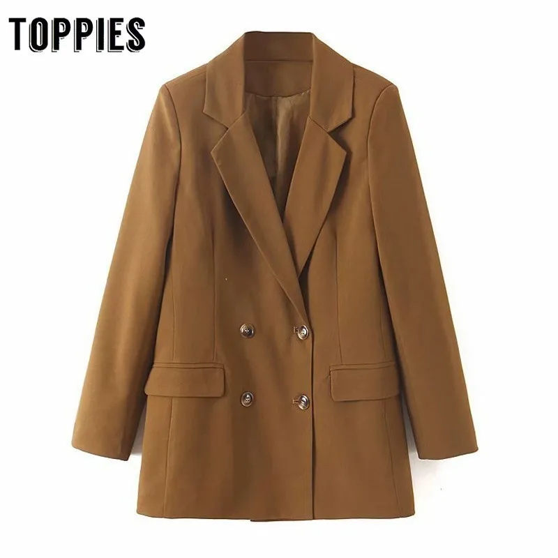 

2019 Autumn Loose Brown Coat Office Lady Double Breated Small Suit Jacket Women Solid Color Blazer XL2195