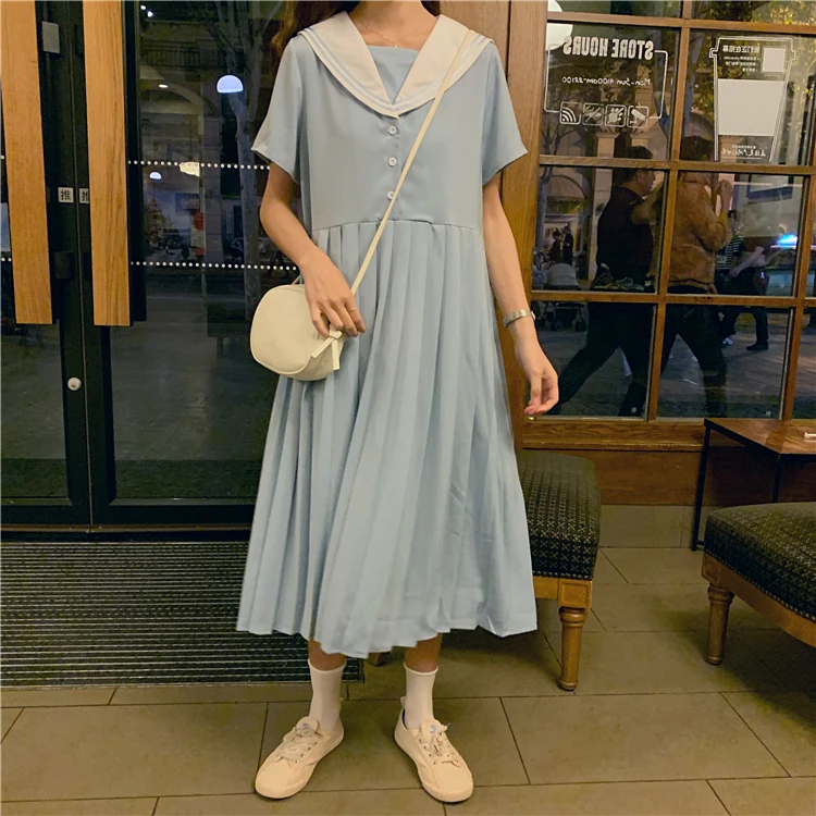 Милое платье в японском стиле для девочек; Плиссированное светло-голубое платье с матросским воротником JK; длинное платье; цельнокроеное платье; 2 стиля