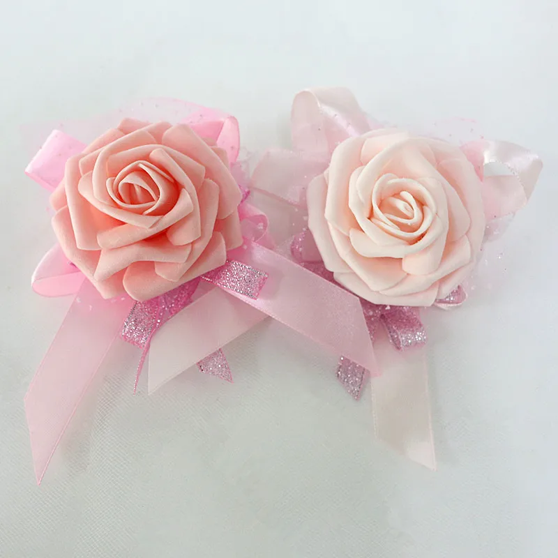  Flone Artificial Rose Flower Wedding Wrist Flower Hot Pink Bridesmaid Silk Corsage Hand Flowers Wedding Party Decor Floral (14)