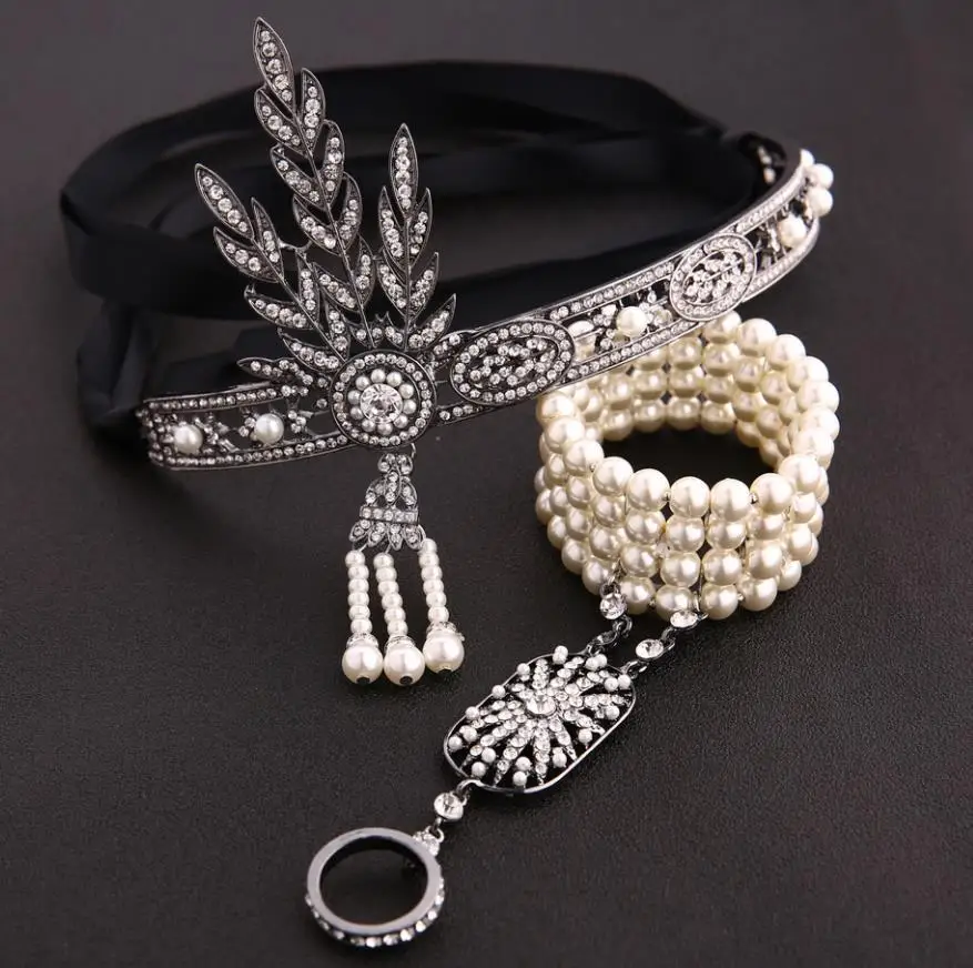 1920s винтажная повязка на голову с кристаллами в виде листа Грейт Гэтсби, жемчужная, розовая, золотая, черная свадебная тиара и корона, головной убор для невесты, украшения для волос - Окраска металла: 2Pcs Black Set