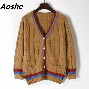 

Aoshe Cardigans Female 2018 Celebrity Winter Sweater Women V neck Designer Vintage Twist Striped Knitwear Oversized Coat Jumper