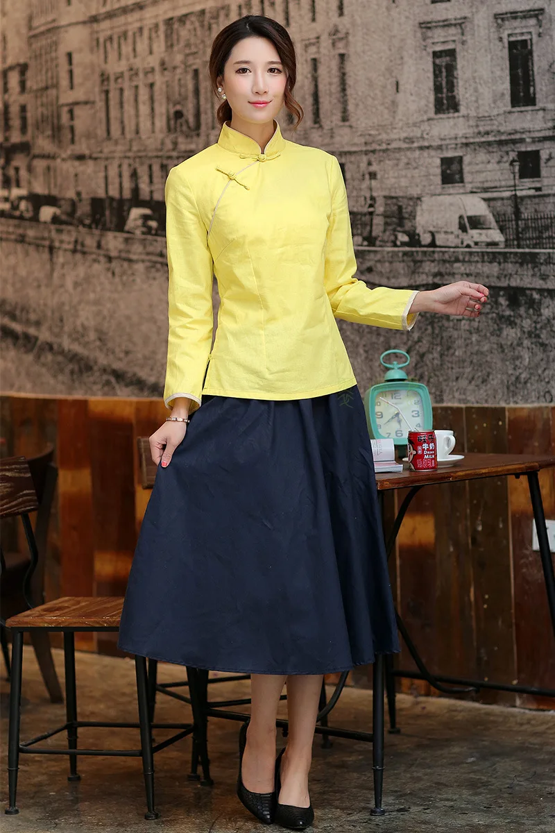 Женская рубашка с воротником «Мандарин», китайский традиционный Топ с длинным рукавом, Топ cheongsam, традиционная китайская льняная блузка