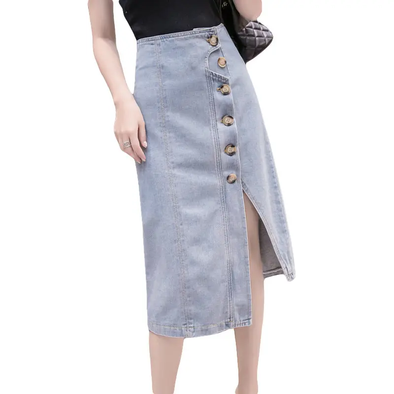 

Women Summer Blue Solid Tassel High Waist Asymmetrical Split Denim Skirts Casual Pockets Button All-matched Jeans Skirt