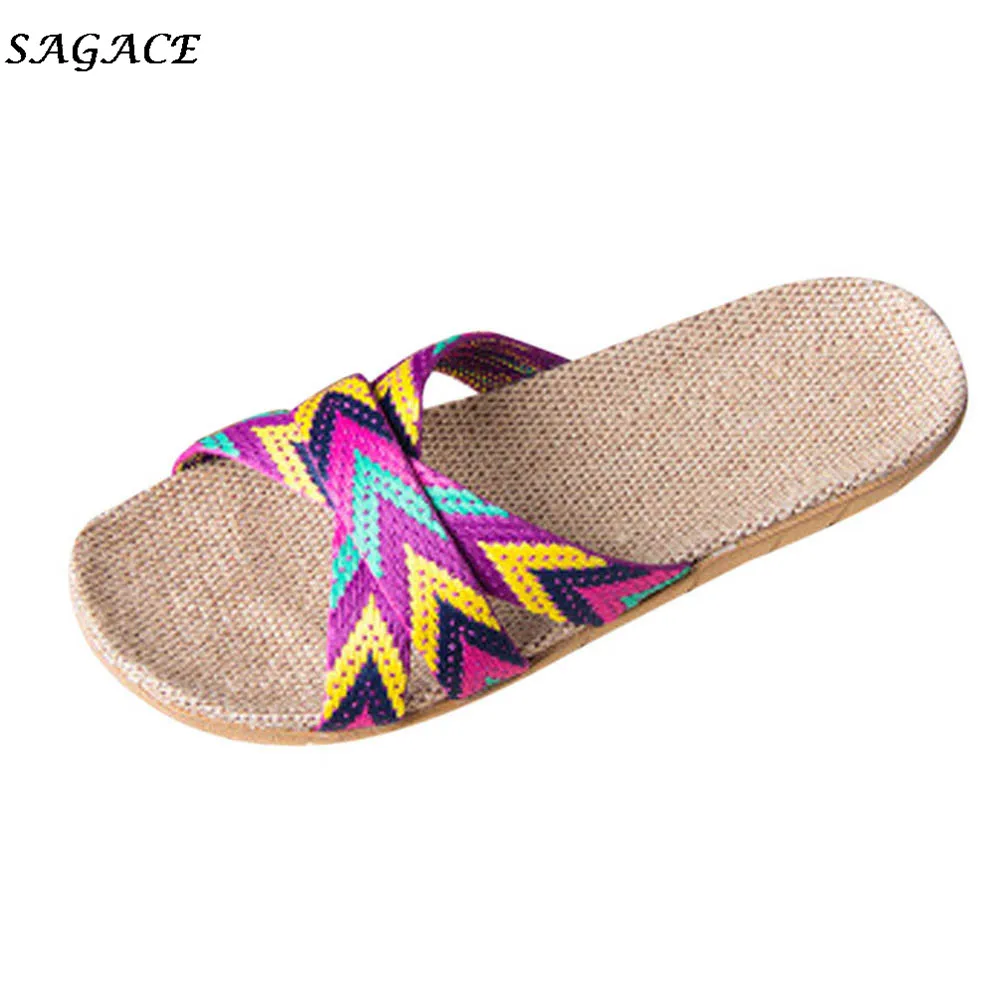 SAGACE/обувь года; женские и мужские Нескользящие льняные домашние летние туфли на плоском ходу с открытым носком; тапочки; sapato calzado zapatos mujer - Цвет: Purple