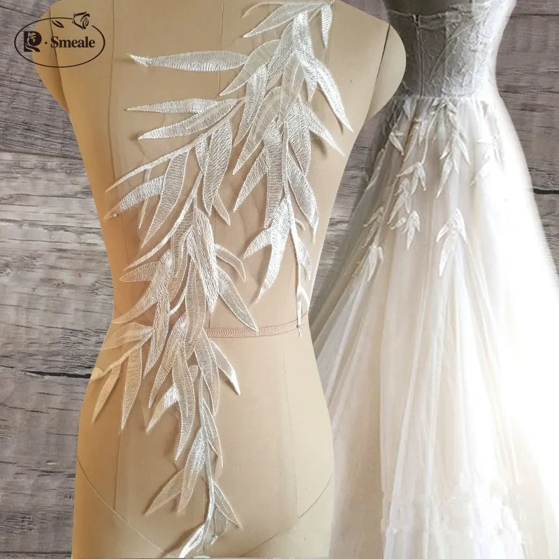 

2 Pair /Bamboo Leaf Embroidery, Lace Fabric, Applique, Wedding Dress, Handmade Cloth Decoration Accessories RS1102