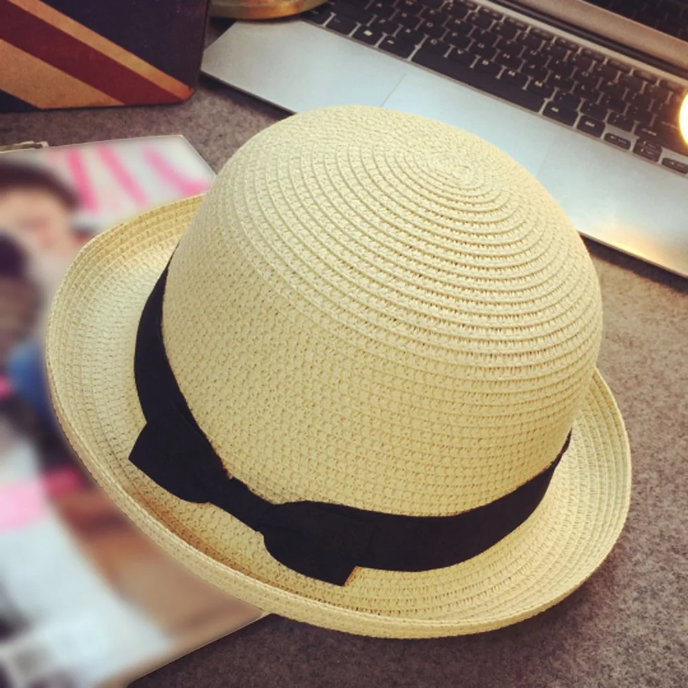 Новое поступление, Повседневная летняя детская пляжная шляпа harajuku с милым бантом ручной работы, Женские соломенные шляпы с большими полями - Цвет: Beige