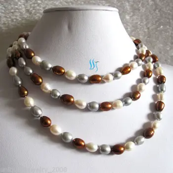 

50" 7-9mm White Gray Coffee Rice Freshwater Pearl Necklace Pearl Strand