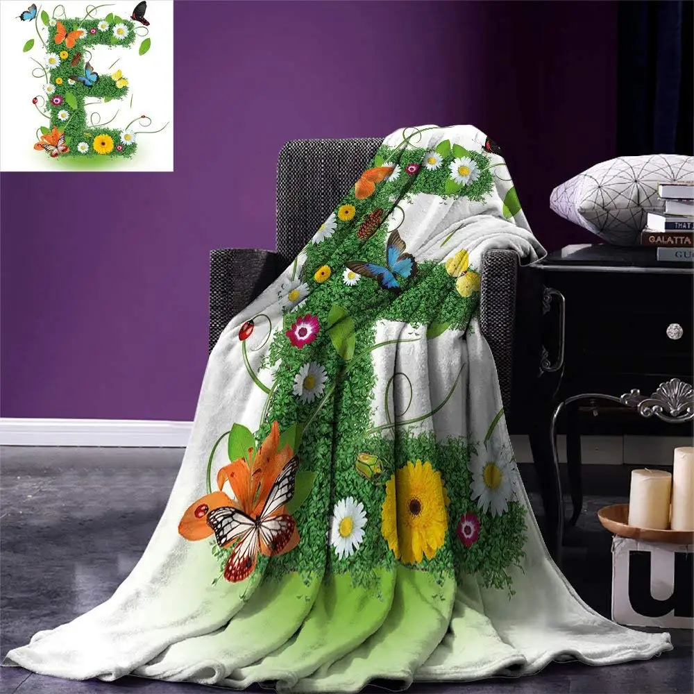 Letter E Throw Symbol Nature Elements Wild Pasture Flowers Daisies Butterflies Colorful Warm Microfiber Blanket | Дом и сад