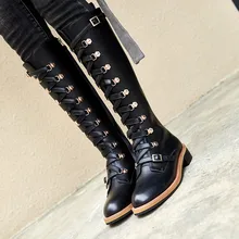 YMECHIC/; осенние черные сапоги из натуральной кожи на шнуровке с пряжкой; женские черные сапоги до колена В рыцарском стиле; сапоги в байкерском стиле