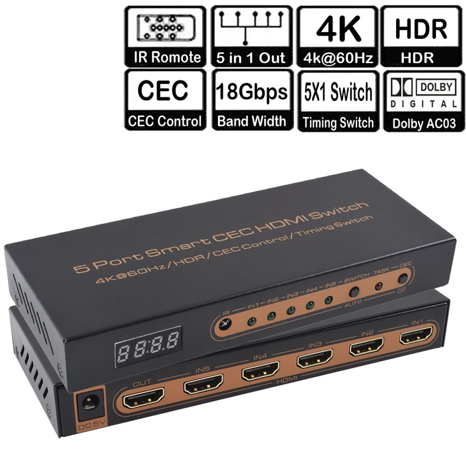 5 портов Smart CEC HDMI переключатель синхронизации 4 к 60 Гц 18 Гбит/с 5x1 HDR HDMI адаптер коммутатор с IR Romote Dolby DTS HD LPCM для HDTV PS4