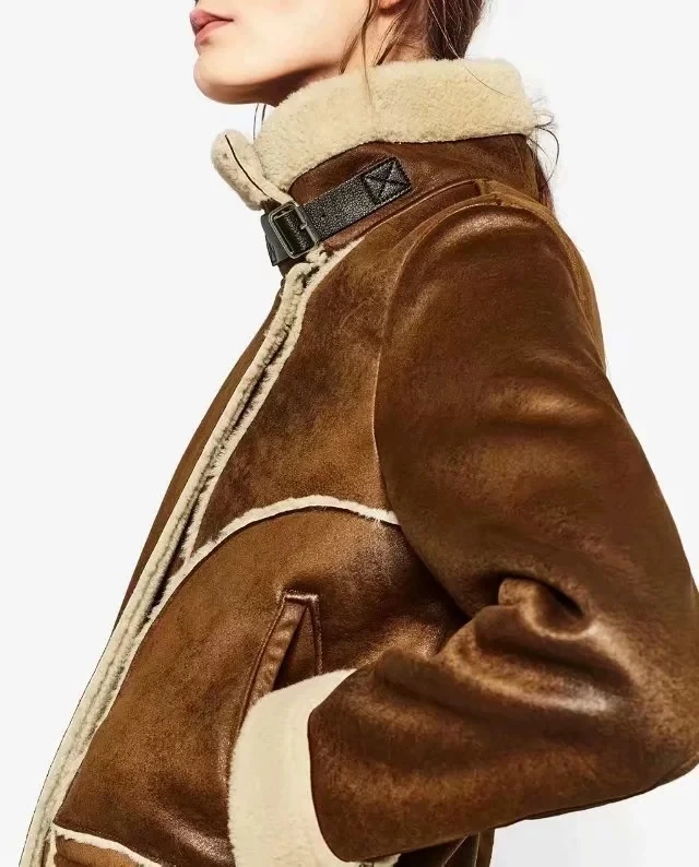 Roulé Thcik En Flétri Col Flocage Veste La Vintage Femmes Harajuku Plus Doublure Taille Laine Suede Cuir Camel Hiver Manteau nWw1OYwqrz