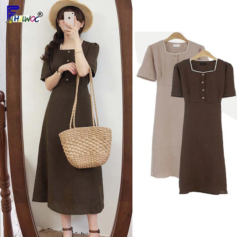 

Vintage Cute Dresses Long Woman Summer Short Sleeve Casual Preppy Style A Line Button Shirt Dress Cotton Linen 5127