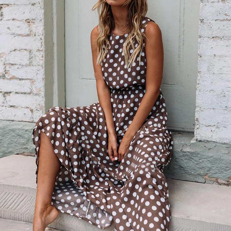 

Duzeala Summer Sleeveless Polka Dot Print Midi Dress Casual Women Fashion Dresses 2019 New A-Line Boho Elegant Brown Long Dress