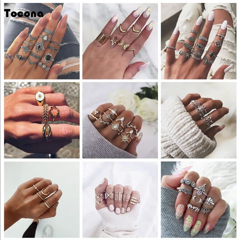 

Docona Women Men Bohemia Vintage Faashion Gold Silver Color Rings Sets Hollow Flowers Crown Geometric Clear Crystal Jewelry