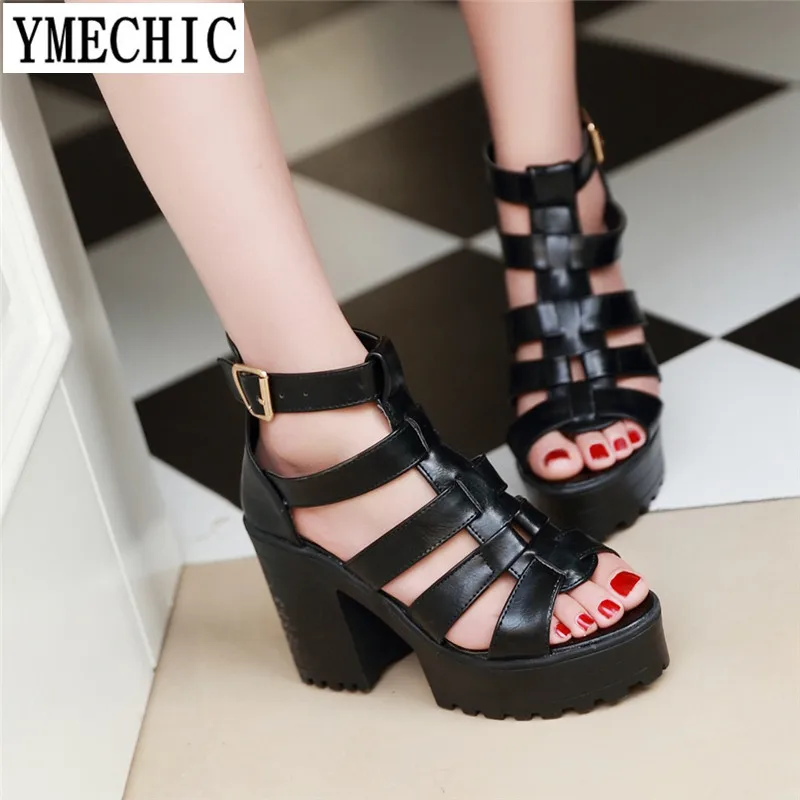 YMECHIC Rome Lady blanc noir Chunky bloc talons hauts plate forme chaussures d