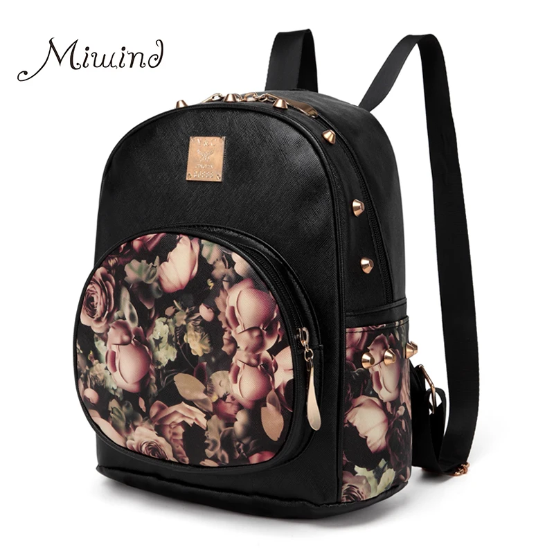 Women Backpacks 3D Printing Floral PU Leather Rivet Backpack Female Trendy Designer School Bags Teenagers Girls