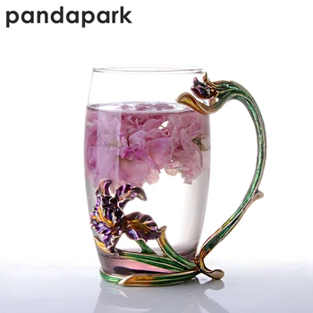 

Pandapark Creative Luxury Green Enamel Glass Flower Tea Set Mug Milk Tumbler Office Heat Resistant Tumbler Breakfast Mugs PPX024