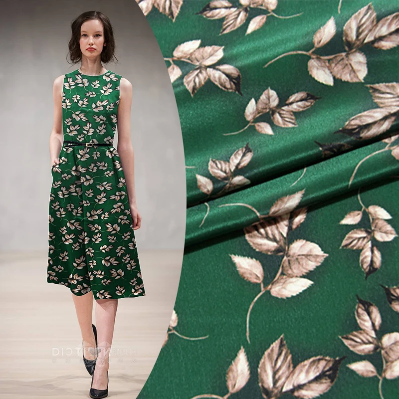 0.5meter green leaf silk crepe DE chine cotton and linen fabrics print fabric for skirt dress 1pc= 50*130cm |