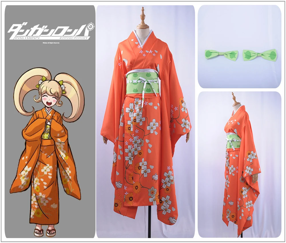 

Super Danganronpa Hiyoko Saionji Hiyoko Cosplay Costume Custom Adult Women Orange Kimono Japanese Dress Green Corset Hairpin