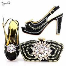 Fashion black high heel shoes and evening bag set with luxury stones 1719-1 heel height 10.5cm