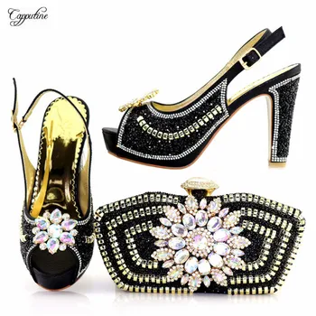 

Fashion black high heel shoes and evening bag set with luxury stones 1719-1 heel height 10.5cm