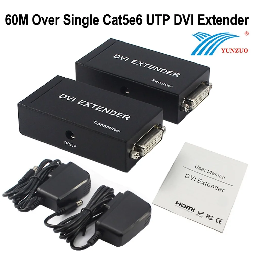 

60m DVI Extender Over Single Cat5e6 50/60m Cat5e Cat6 UPT Cable to Extend HD Signal Converter Transmitter Receiver 1080P HDCP1.2