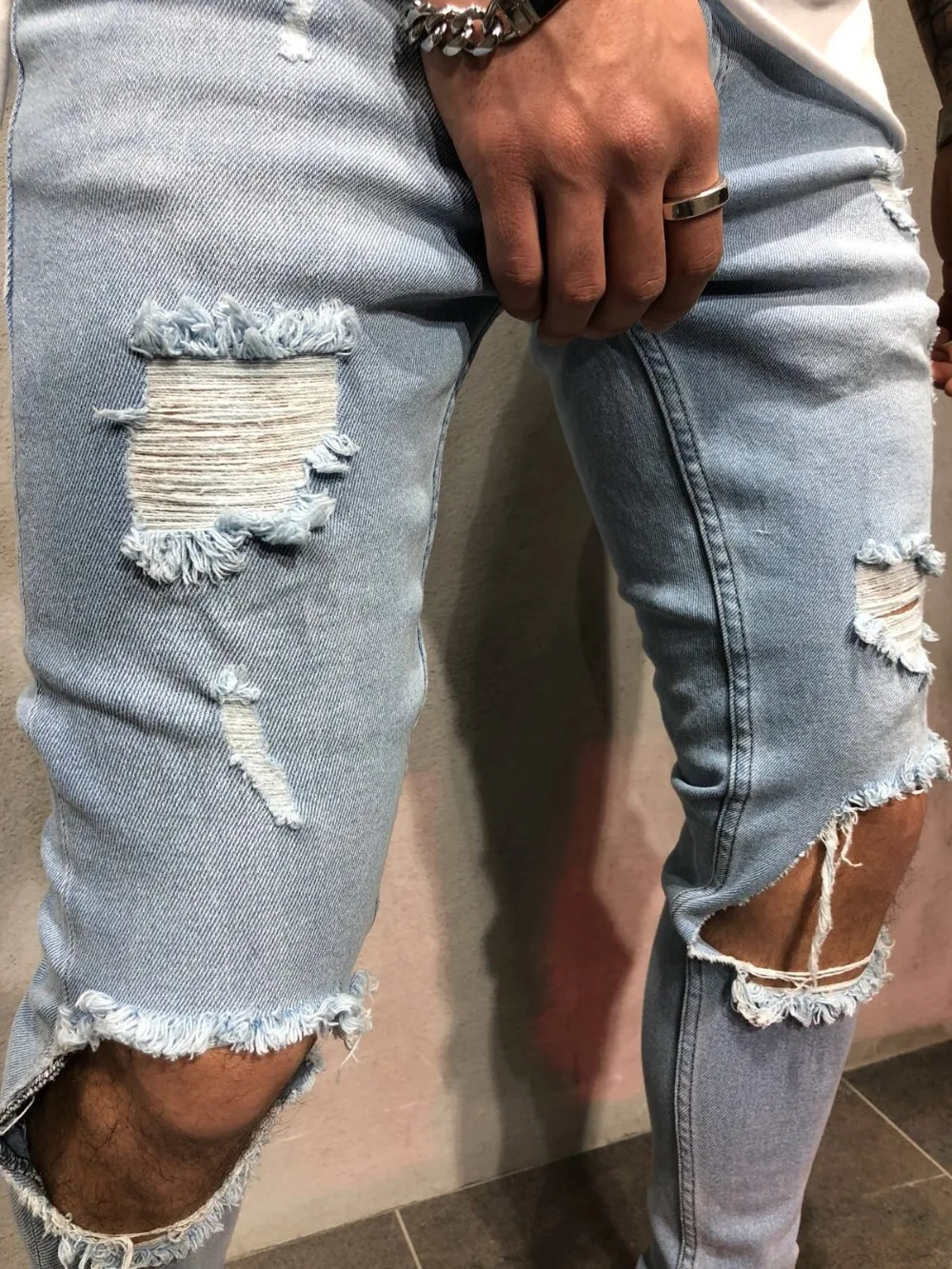 Высококачественные Стрейчевые мужские рваные колени обтягивающие джинсы городская одежда Панк корейский синий черный джинсовый дизайнер огорчен джоггеры брюки