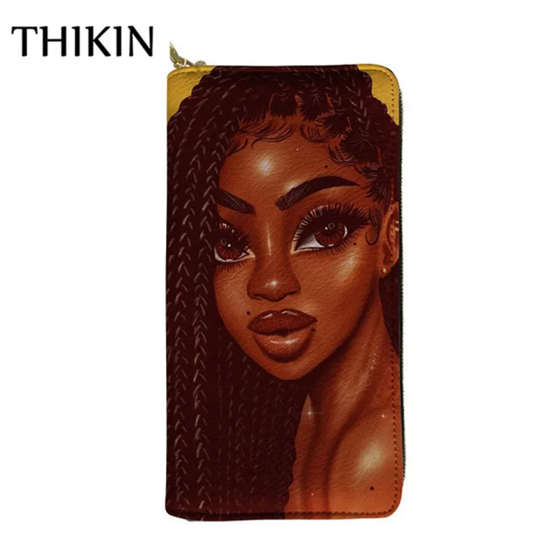 Thikin Women Wallets Afro Printing African Girls PU Leather Long Purse Lady Kawaii Pattern Card Holders Coin Pocket Zipper