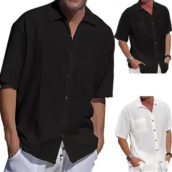 

Mens Shirts Short Sleeve Linen Loose Shirt Casual Shirt Breathable Summer Soft V-Neck Tops Pure White & Black