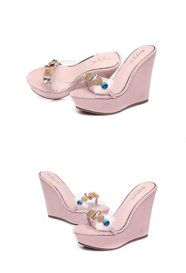 19_New 2018 Wedges Slippers Female Summer Fashion High-heeled Platform Rhinestones Small Size Shoes Pink White Black