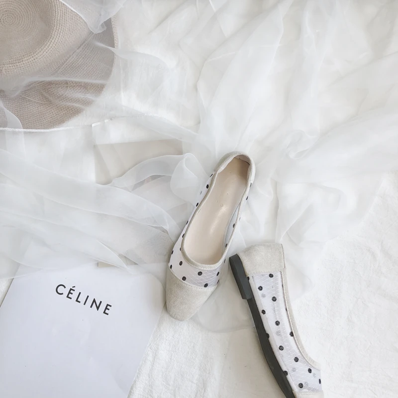 2019 summer new single shoes personality pointed mesh polka dot versatile comfortable temperament female flat shoes