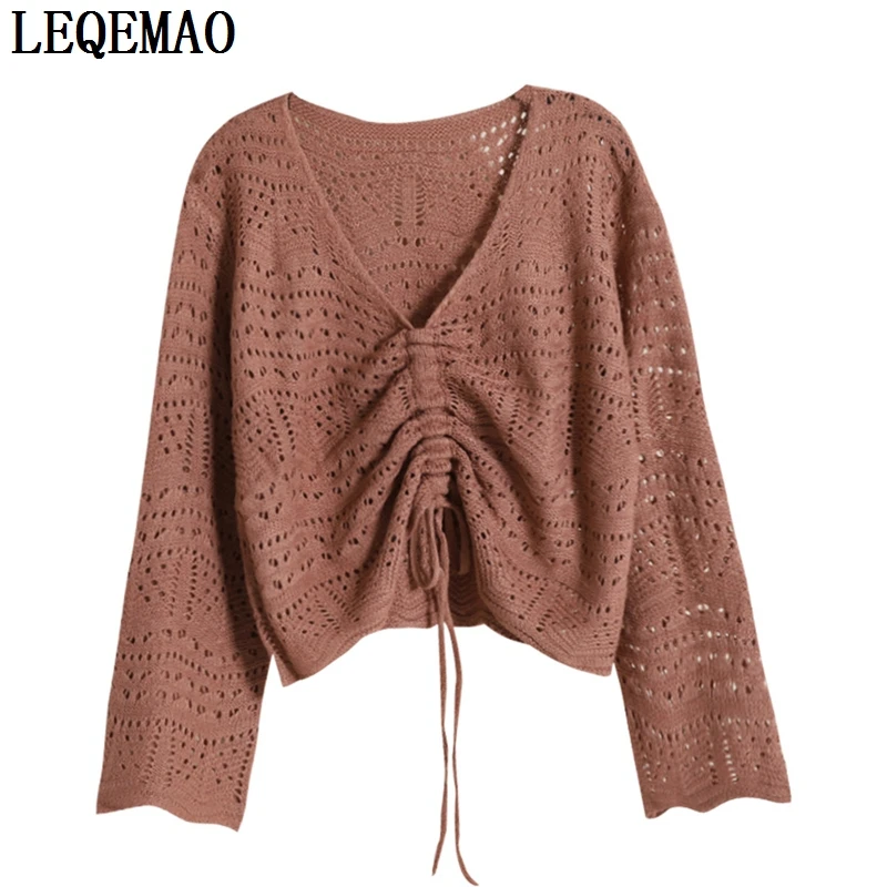

2019 Fashion Knitted Loose Pocket Hollow Long Sleeve Women Sweater Female Women's Coats Outerwear suntan-proof wear