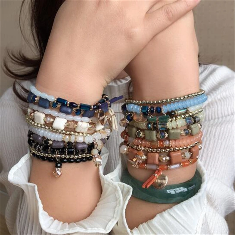 

Bohemian Handmade Heart Natural Stone Bracelet Sets Women 2019 New Multilayer Wrap Rope Chain Bracelets Summer Jewelry