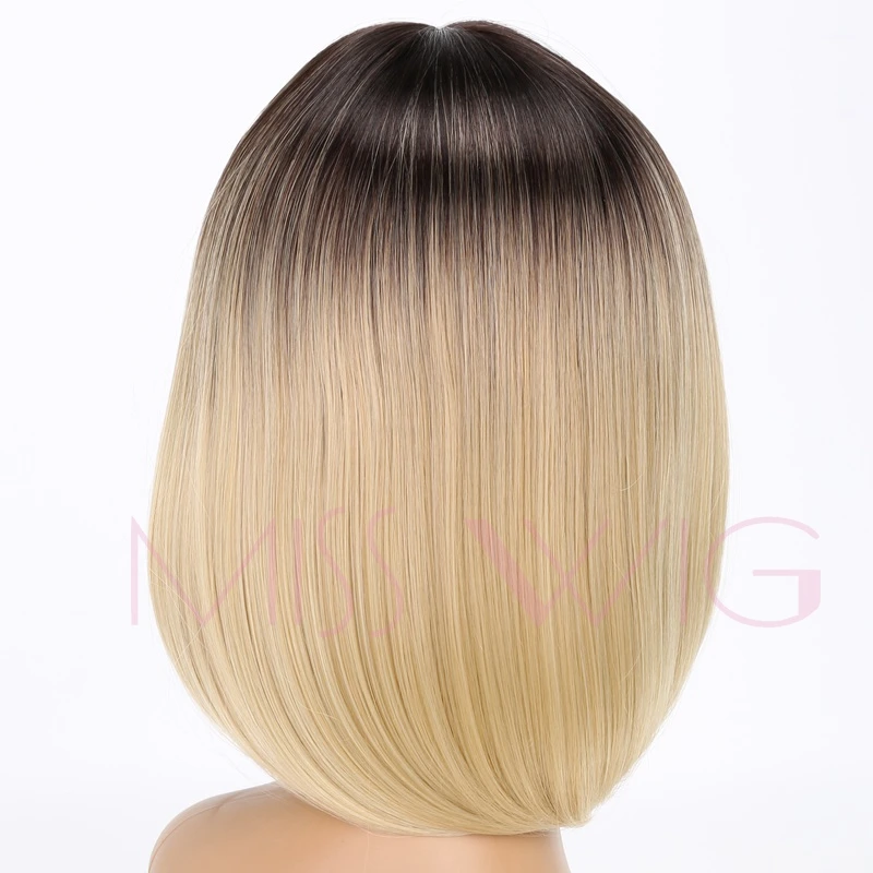MISS WIG Black Ombre Blonde 14Inches Short Straight Bob Wigs Synthetic Hair Wig For Black Women None Lace High Temperature Fiber+