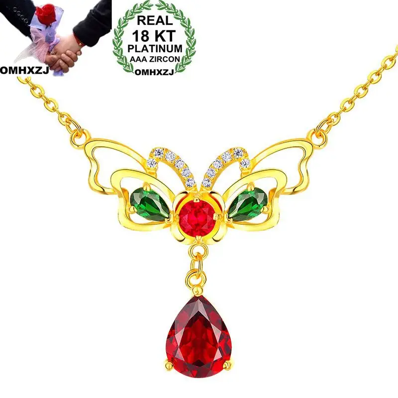 

OMHXZJ Wholesale European Fashion Woman Girl Party Wedding Gift Butterfly Red AAA Zircon 18KT Yellow Gold Pendant Necklace NA177