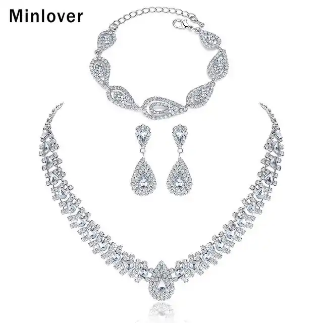 Minlover Silver Color Crystal Bridal Jewelry Sets Wedding Minlover Silver Color Crystal Bridal Jewelry Sets Wedding Earrings Bracelet Necklace Tl001 Sl022