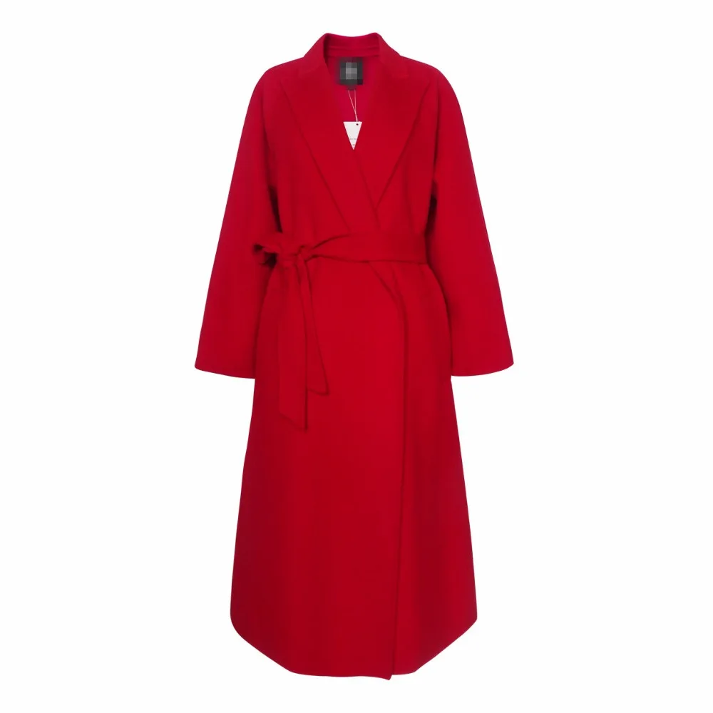 Зимнее модное кашемировое шерстяное пальто красное женское винтажное длинное шерстяное пальто с отложным воротником и поясом