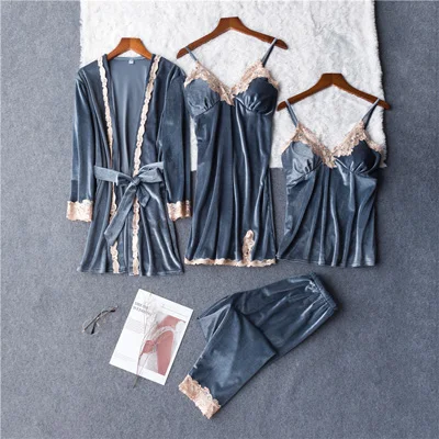 Золотой бархат 4 шт. теплые зимние женские пижамы элегантный кружевной халат пижамы комплект без рукавов ночное розовый синий 925 - Цвет: 925 Velvet gray blue