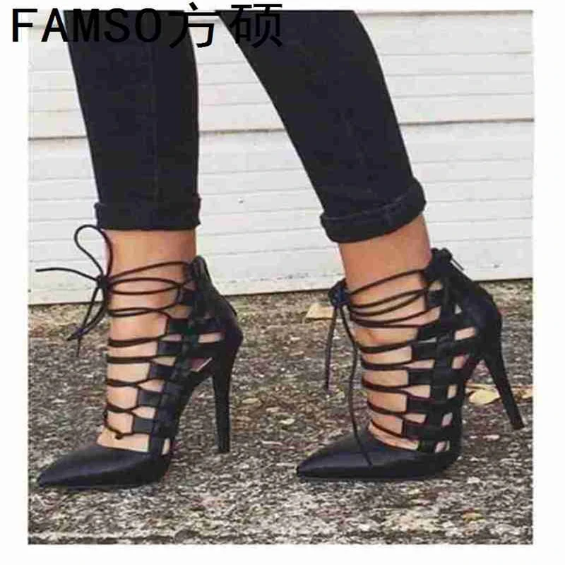 

FAMSO Size34-43 2019 New Women Sandals Black Pointed toe High Heels Shoes Lace-up Cut-outs Summer Gladiator Sandals Party