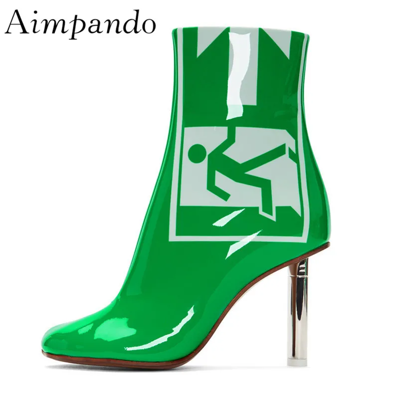 

Unique Exit Signal Print Short Boots Side Zip Round Toe Individual Metal Lighter-heel Green Ankle Boots Women