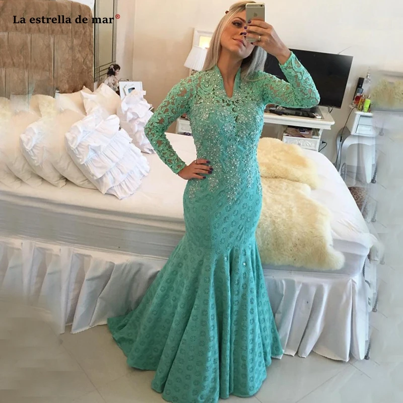 

Vestidos de gala2021 new sexy V neck lace long sleeve turquoise sexy mermaid prom dresses trailing gala jurken high quality