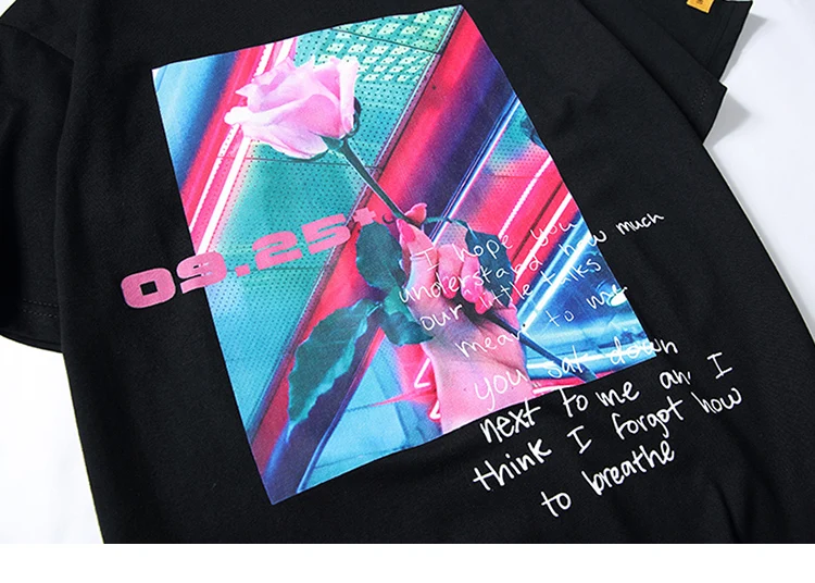 Мужские футболки в стиле хип-хоп, уличная одежда, Harajuku, розовая футболка с розами,, летняя футболка с цветочным рисунком, хлопок, короткий рукав, топы, футболки, черные, белые