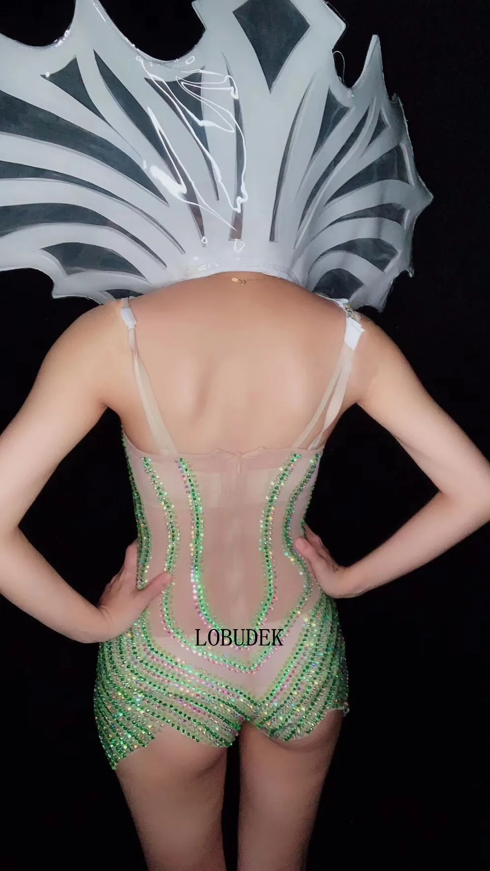 Зеленые Стразы перспектива боди головной убор для женщин ночной клуб DJ певица костюм сексуальный джаз сценическая одежда модели костюмы для подиума